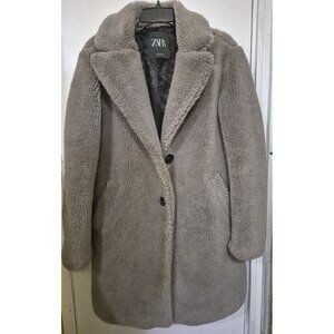 ZARA WOMAN Gray  faux fur coat long sleeves lapel collar buttons size S Teddy